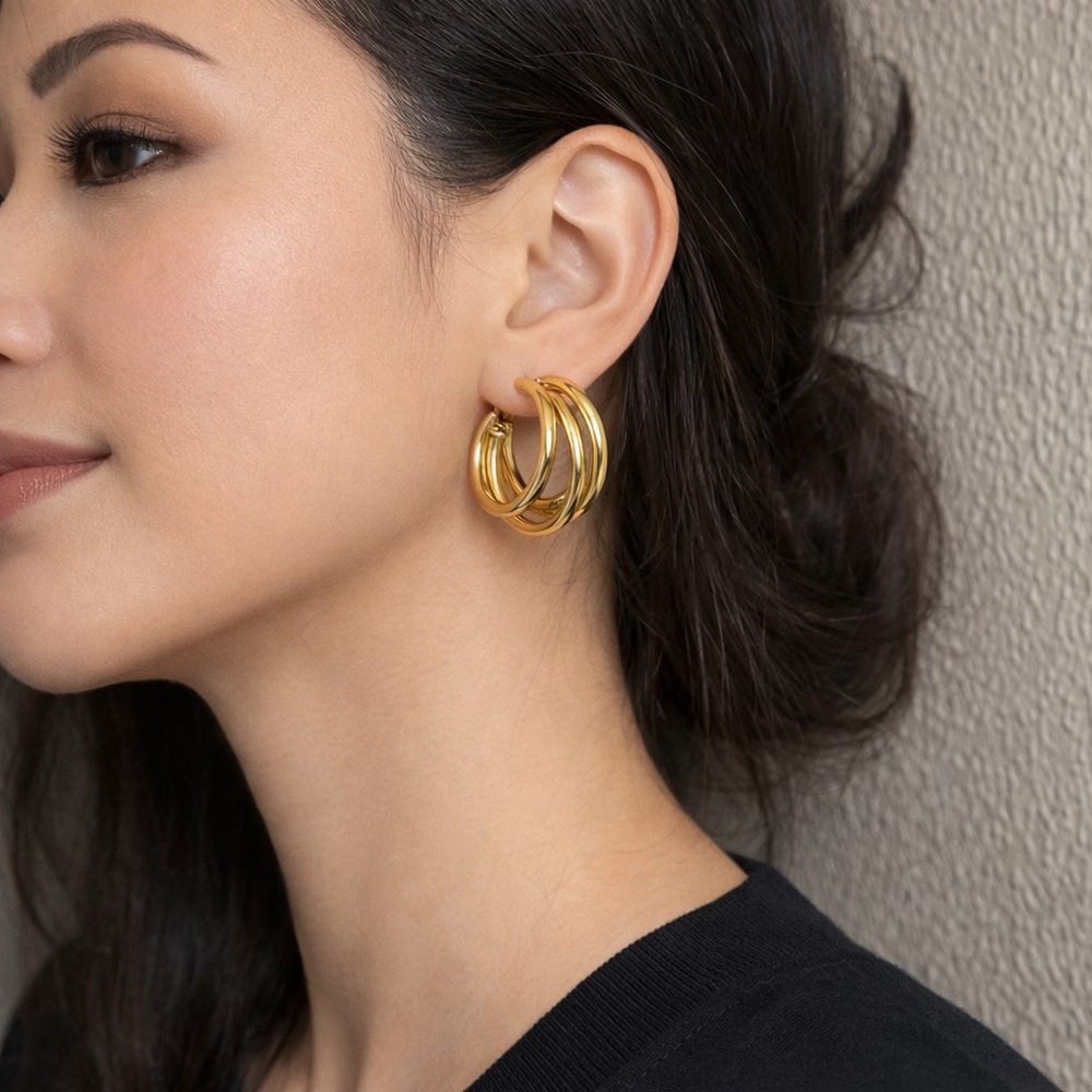 Gold Triple Hoop Earrings – 18K Gold-Plated Stainless Steel